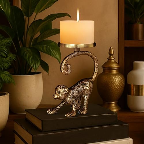 BEHOMA Metal Monkey Pillar Candle Holder Stand for Home Decor | Tabletop Showpiece in Aluminium with Brass Finish for Birthday, House Warming Gifting – Gold (Candle Not Included) - Image 2