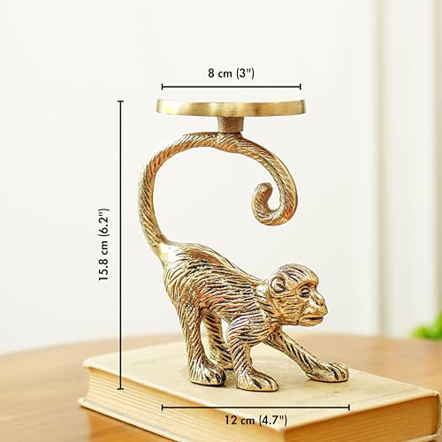 BEHOMA Metal Monkey Pillar Candle Holder Stand for Home Decor | Tabletop Showpiece in Aluminium with Brass Finish for Birthday, House Warming Gifting – Gold (Candle Not Included) - Image 4