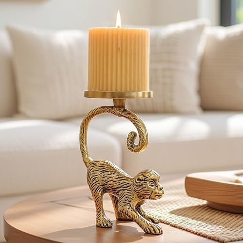 BEHOMA Metal Monkey Pillar Candle Holder Stand for Home Decor | Tabletop Showpiece in Aluminium with Brass Finish for Birthday, House Warming Gifting – Gold (Candle Not Included) - Image 1
