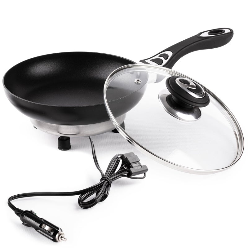 ZONETECH 12V Frying Pan with Glass Lid Portable Non-Stick 7.5-inch Stay-Cool Handles, Rapid Heat Up, Perfect For Camping, Picnic and more - Image 1