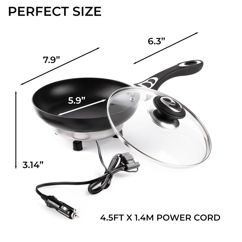 ZONETECH 12V Frying Pan with Glass Lid Portable Non-Stick 7.5-inch Stay-Cool Handles, Rapid Heat Up, Perfect For Camping, Picnic and more - Image 5