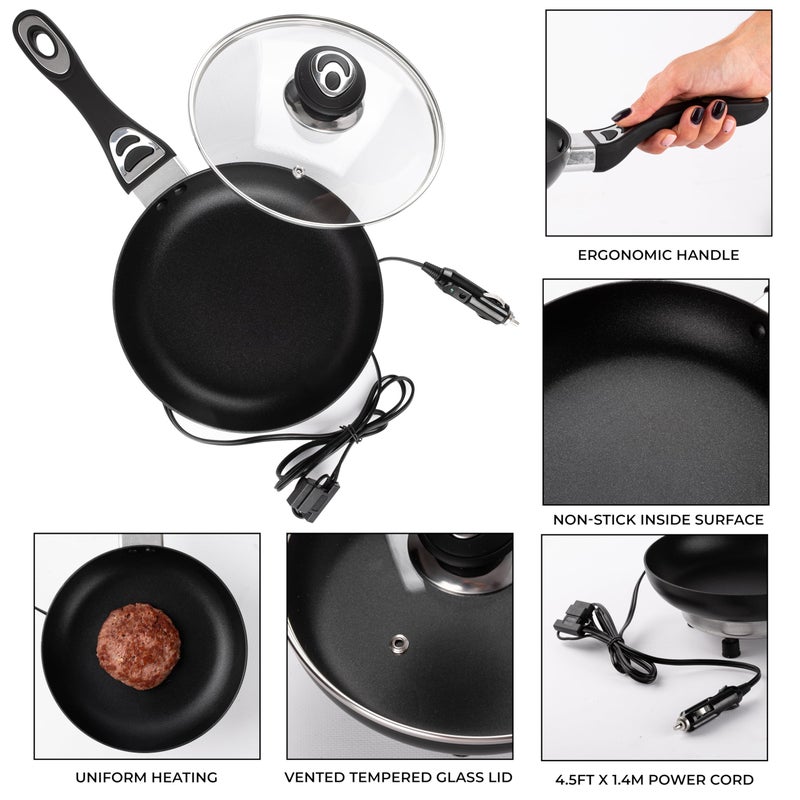ZONETECH 12V Frying Pan with Glass Lid Portable Non-Stick 7.5-inch Stay-Cool Handles, Rapid Heat Up, Perfect For Camping, Picnic and more - Image 2