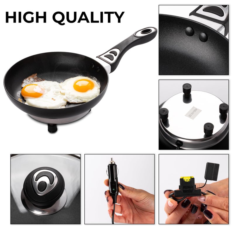 ZONETECH 12V Frying Pan with Glass Lid Portable Non-Stick 7.5-inch Stay-Cool Handles, Rapid Heat Up, Perfect For Camping, Picnic and more - Image 3