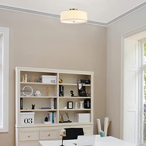 Globe Electric 2-Light Flush Mount Ceiling Light, Matte Brass Finish, White Linen Shade, E26 Base, Dimmable, Minimalist Home Lighting, 60998 - Image 2