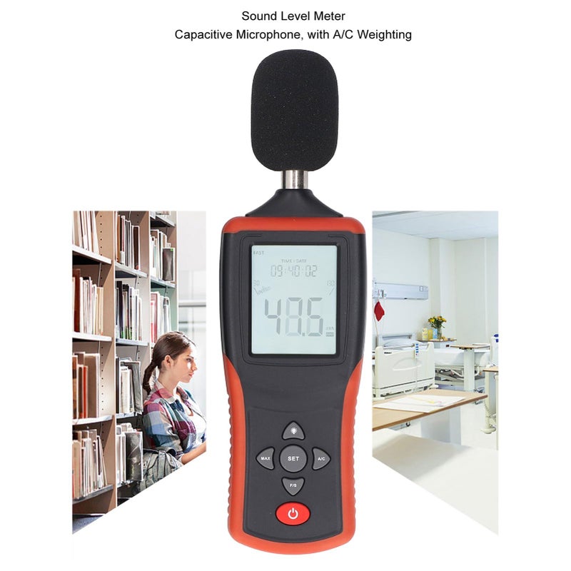 مقياس مستوى الصوت المحمول AC وDC، نطاق 30-130 ديسيبل، مع شاشة LCD مضيئة من الخلف، ووظيفة تثبيت البيانات، للاستخدام المنزلي والمصنع، مع جوانب غير قابلة للانزلاق لسهولة الإمساك - Image 4