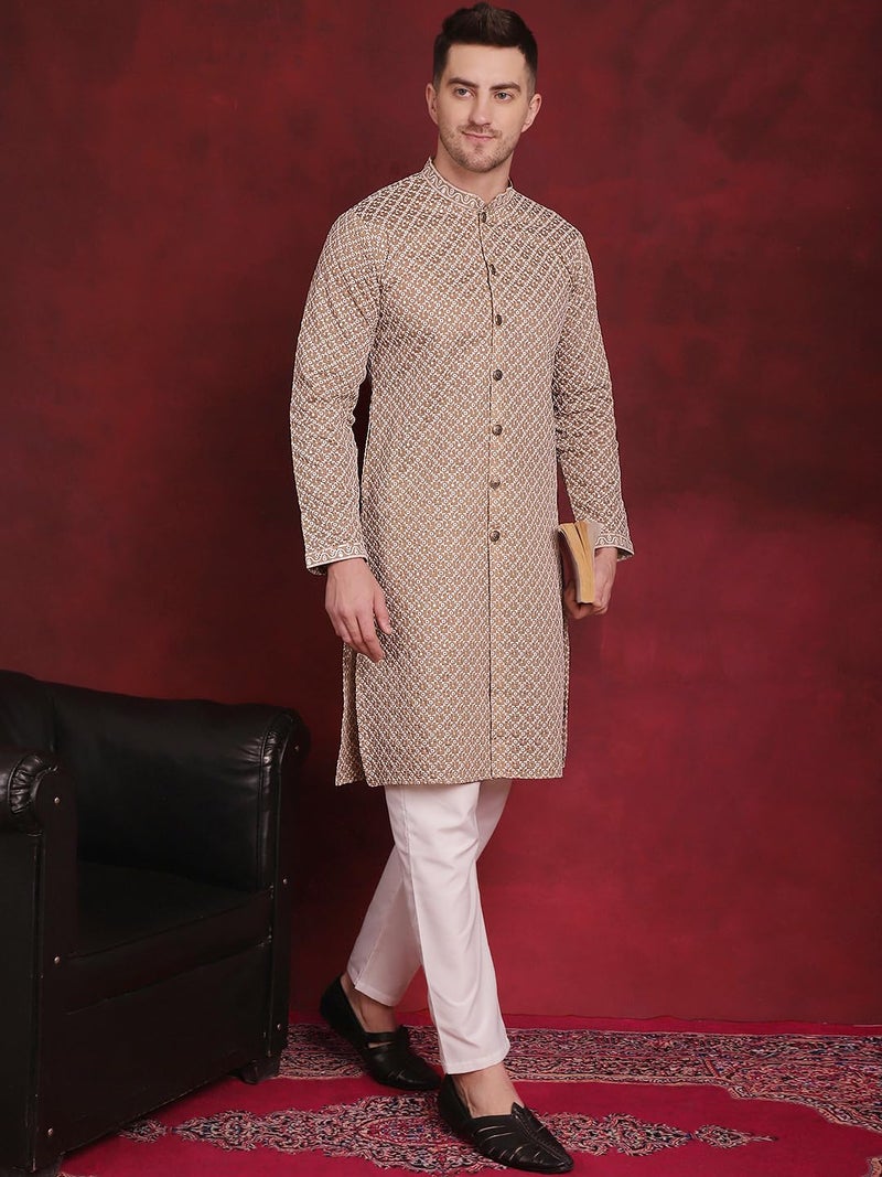 Jompers Men's Sequin Chikankari Front Open Kurta with Pyjamas in Silk Blend - Image 4