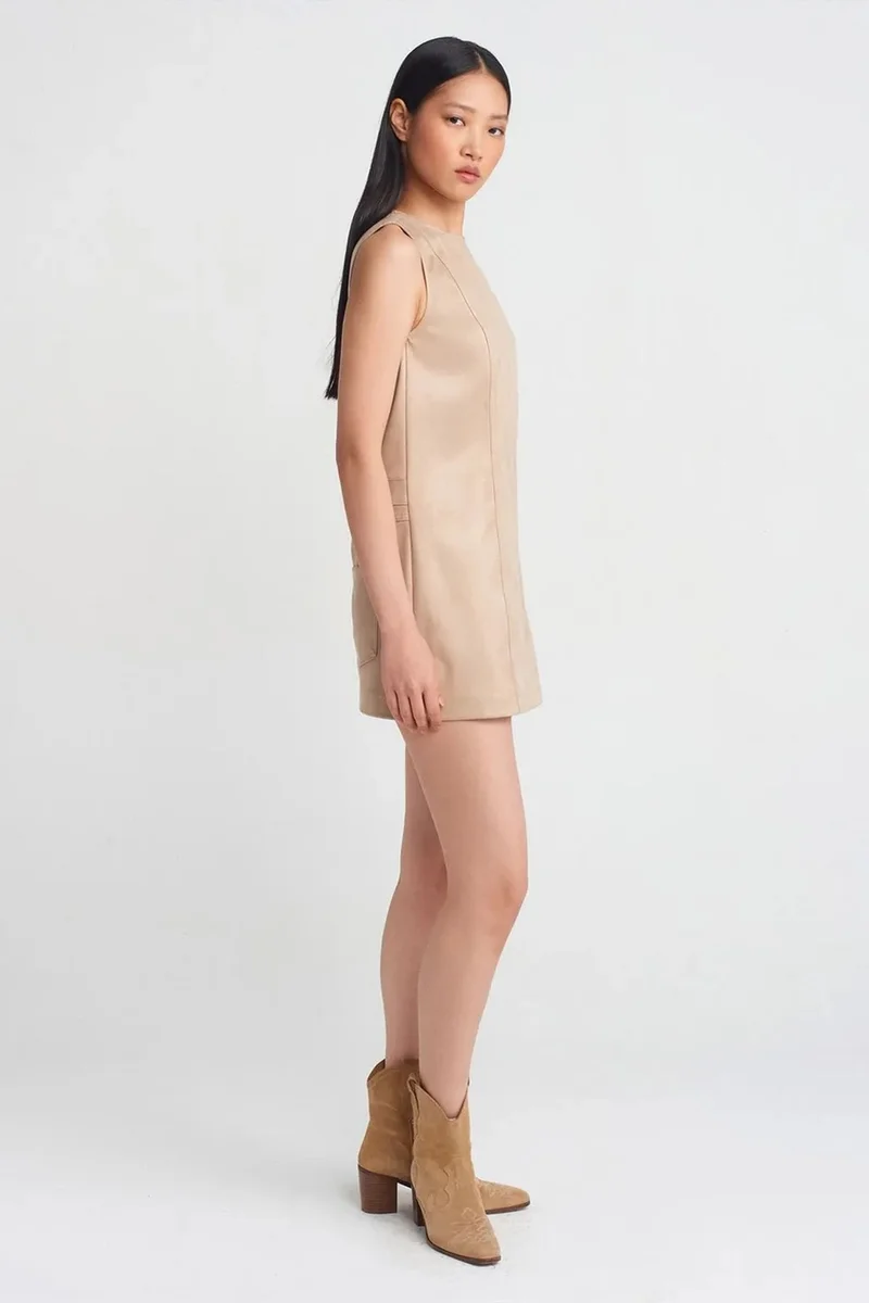 Dilvin Beige Natural DILVIN Sleeveless Faux Leather Mini Dress for Women | Best Price UAE