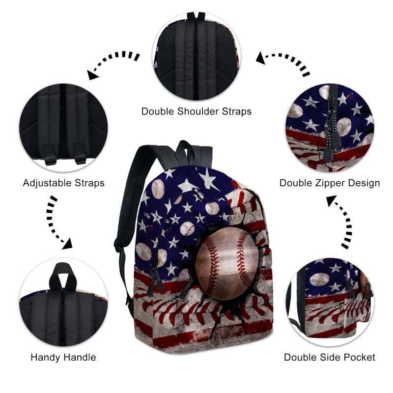 ROVOZAR American Flag Baseball School Backpack for Boys Bookbag, 16 Inch USA Sports Theme Laptop Back Pack for School Travel Hiking Camping - Image 3