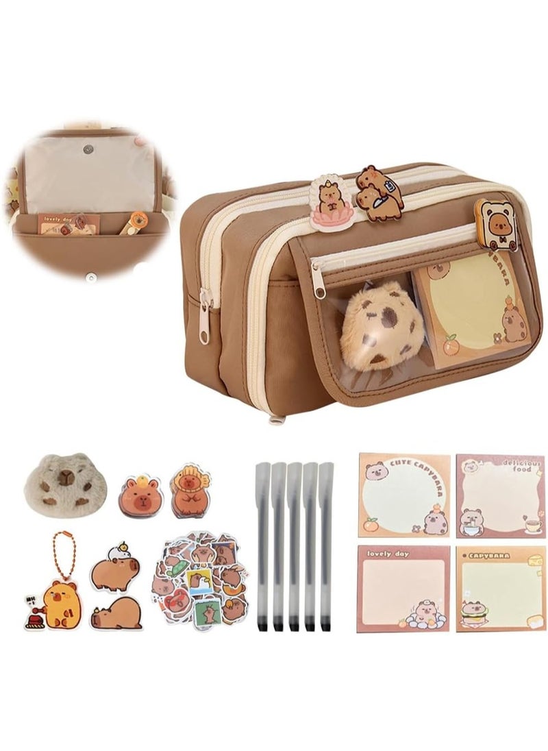 Azonee Cute Capybara Pencil Case Set, Clear Aesthetic Pen Pouch with Plush, Pins, and Multi-Layer Compartments, Large Capacity for School Supplies  - Image 1