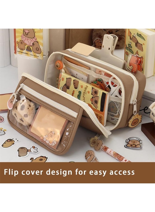 Azonee Cute Capybara Pencil Case Set, Clear Aesthetic Pen Pouch with Plush, Pins, and Multi-Layer Compartments, Large Capacity for School Supplies  - Image 2