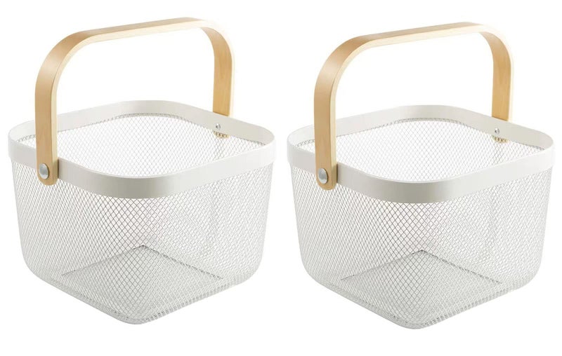 AJIODA 2 Pack Metal Mesh Steel Basket, Storage Organizer Basket Multi-function Hanging Kitchen Baskets Fruit Basket Bin with Wood Handle for Kitchen Bathroom Picnic Cabinet Home Decor, White - Image 1