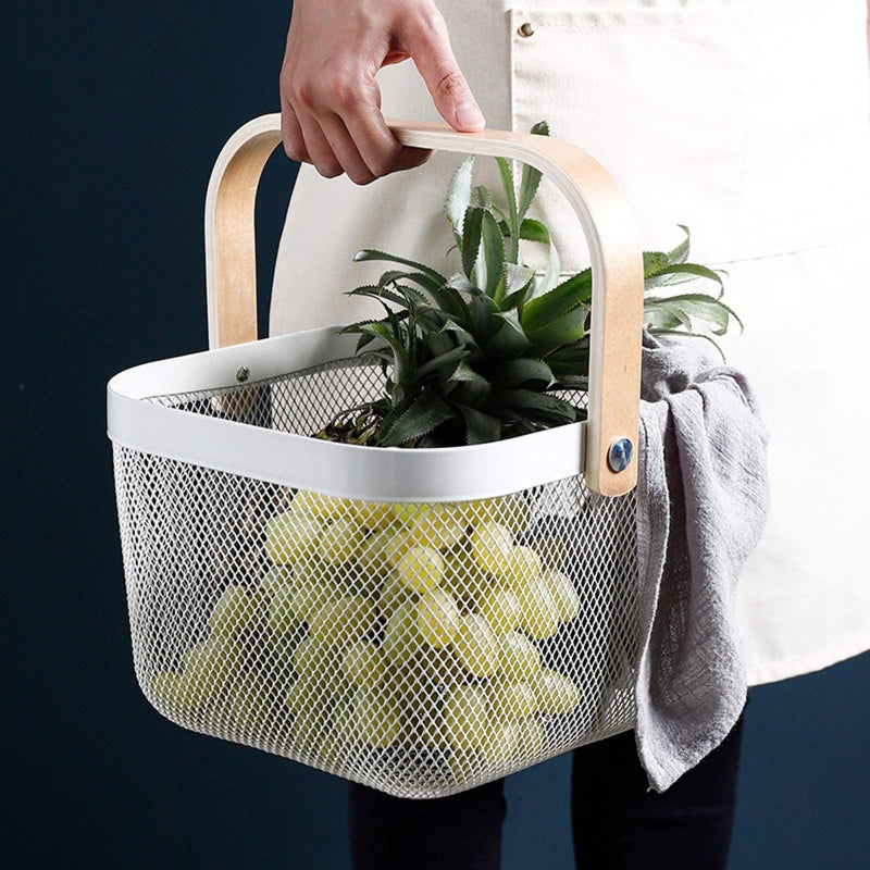 AJIODA 2 Pack Metal Mesh Steel Basket, Storage Organizer Basket Multi-function Hanging Kitchen Baskets Fruit Basket Bin with Wood Handle for Kitchen Bathroom Picnic Cabinet Home Decor, White - Image 5