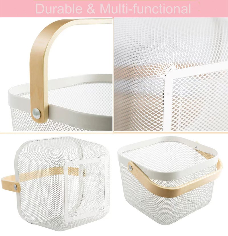 AJIODA 2 Pack Metal Mesh Steel Basket, Storage Organizer Basket Multi-function Hanging Kitchen Baskets Fruit Basket Bin with Wood Handle for Kitchen Bathroom Picnic Cabinet Home Decor, White - Image 4