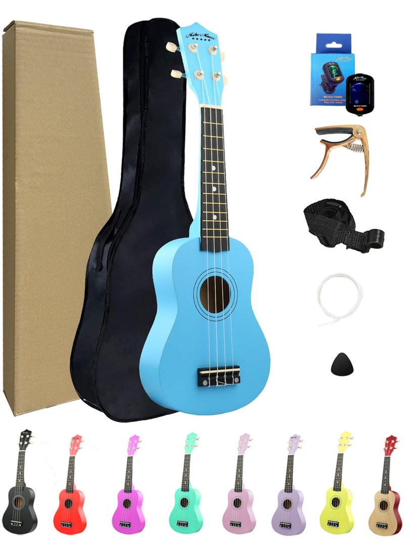 Mike Music Beginner Ukulele Set for Kids Adults 21 inch Ukuleles Starter Kit Hawaii Mini Guitars for Students Small Guitar Ukulele with Gig Bag, Digital Tuner, Capo, Belt, 1 Spare String and Pick (Light Blue)  - Image 1
