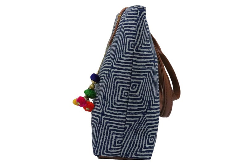 SHIVKARI Womens Girls Traditional Ikkat Tote Handbag With Tassels (White & Blue) - Image 4