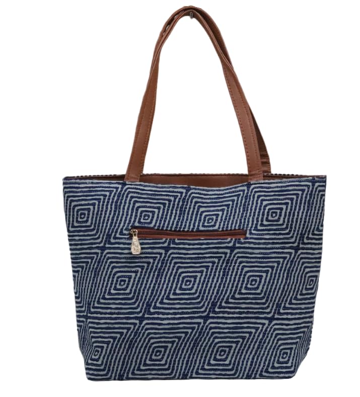 SHIVKARI Womens Girls Traditional Ikkat Tote Handbag With Tassels (White & Blue) - Image 3
