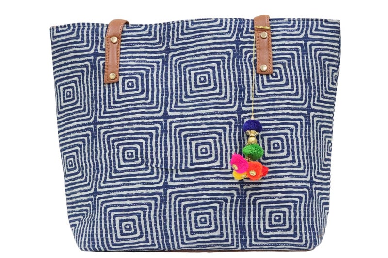 SHIVKARI Womens Girls Traditional Ikkat Tote Handbag With Tassels (White & Blue) - Image 2