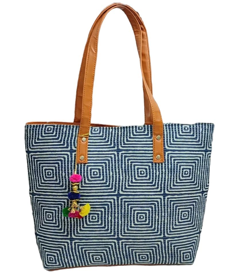 SHIVKARI Womens Girls Traditional Ikkat Tote Handbag With Tassels (White & Blue) - Image 1