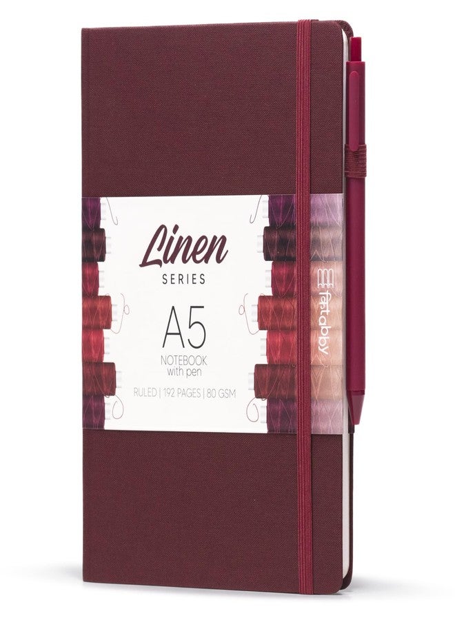 Kitabby – Linen Series – A5 Size Hard Bound Notebook with Pen, Elastic Band and Back Pocket – 192 Pages – 80gsm Natural Shade Paper – Linen Fabric Cover Material – Maroon - Image 1