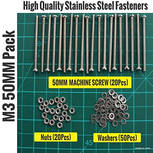 VortexRC M3 50MM Stainless Steel Fastener Set 50 Pieces Screws Nuts Washers Aeromodelling RC Airplanes Multirotors CNC Machines 3D Printers Robotics Engineering Applications 