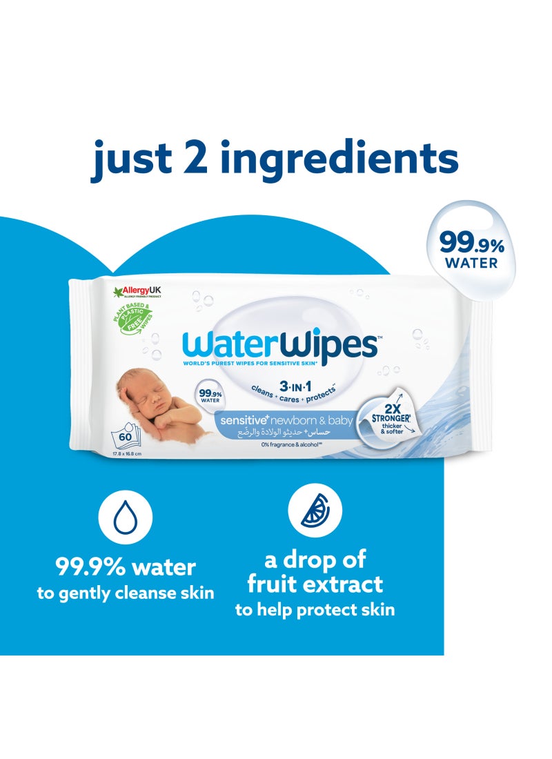 WaterWipes Sensitive+ Newborn & Baby Wipes, 3-In-1 Cleans, Cares, Protects, 99.9% Water, Unscented - Image 3