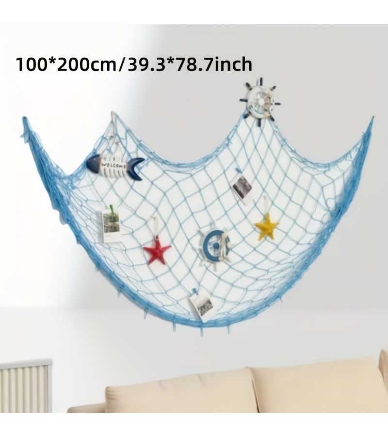 شبكة صيد زرقاء مصنوعة يدويًا للتعليق على الحائط، مقاس 39 × 79 بوصة، بدون أصداف - Image 4