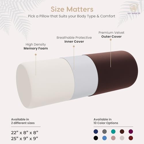 MY ARMOR Memory Foam Orthopedic Large Size Bolster Bed Pillows for Rest and Support, (Brown Velvet Cover, 25" x 9" x 9") - Image 2