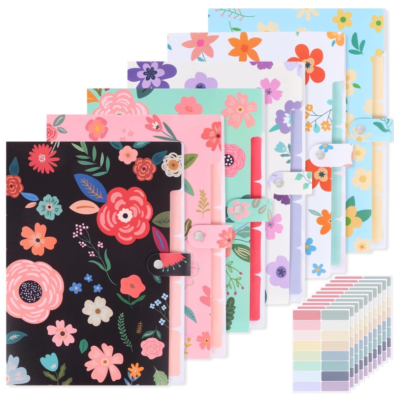 EOOUT 6pcs Expanding File Folders with 5 Pockets, Floral Accordion Folders for Documents, A4 Letter Size Plastic File Organizer with Snap Button for School and Office Supplies - Image 1
