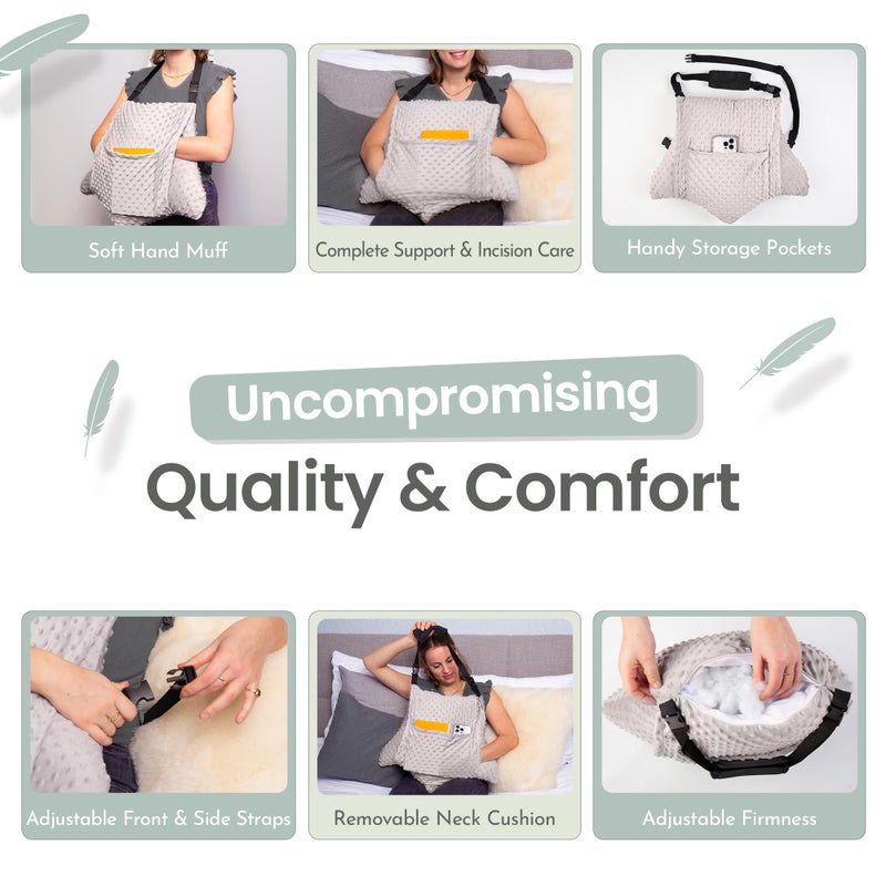 MOYOAMA Hysterectomy Pillow Post Surgery â€“ Form-Fit Support Shield with Secure Straps, 2 Pockets, & Cozy Muff â€“ After Hysterectomy Recovery Must-Haves, Post-Op C-Section Pillow Post Surgery Gifts - Image 3