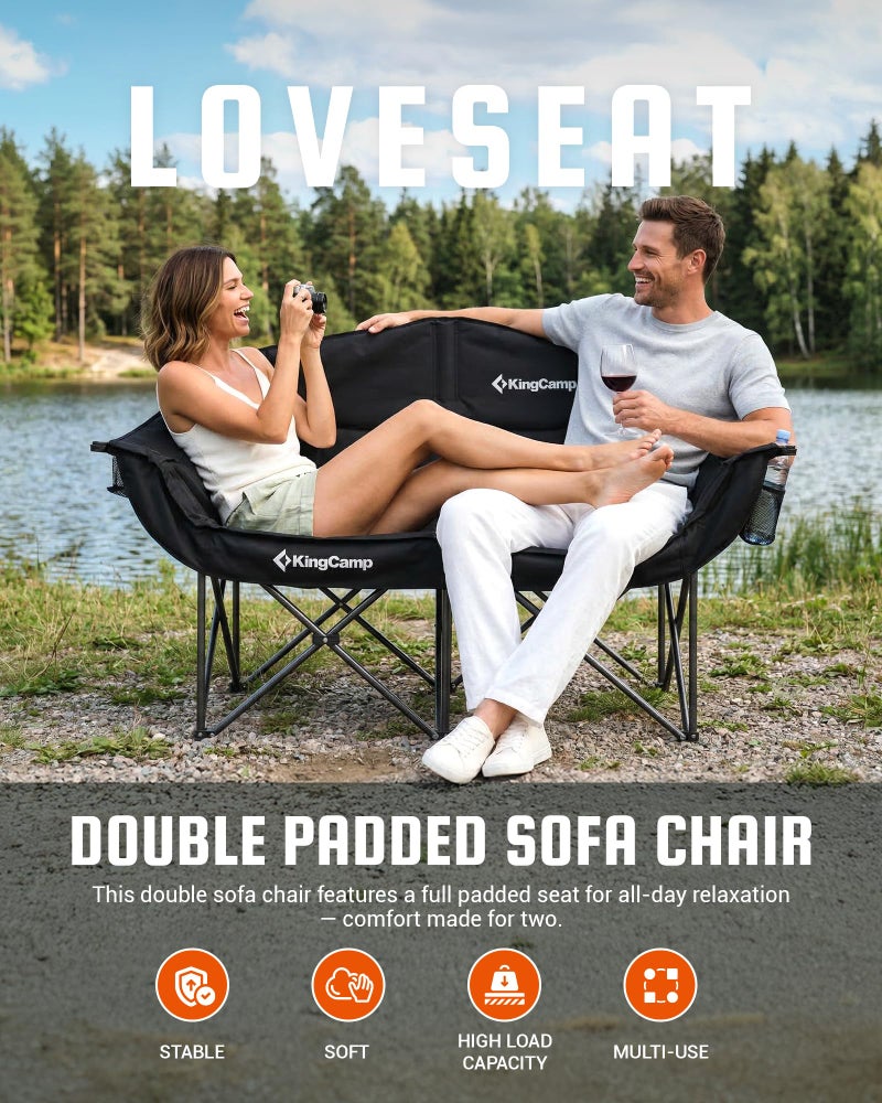 KingCamp Double Camping Chair, Oversized Heavy Duty 660lbs Loveseat for Adults Portable Folding XL 2 Person Couch Padded Comfortable Two Seat with Cup Holder for Outdoor Lawn Backyard, Black - Image 2
