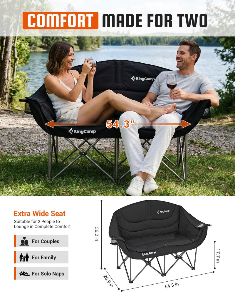KingCamp Double Camping Chair, Oversized Heavy Duty 660lbs Loveseat for Adults Portable Folding XL 2 Person Couch Padded Comfortable Two Seat with Cup Holder for Outdoor Lawn Backyard, Black - Image 3