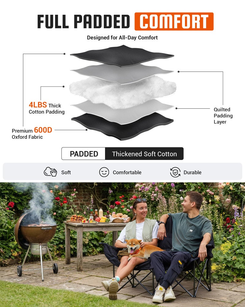 KingCamp Double Camping Chair, Oversized Heavy Duty 660lbs Loveseat for Adults Portable Folding XL 2 Person Couch Padded Comfortable Two Seat with Cup Holder for Outdoor Lawn Backyard, Black - Image 5
