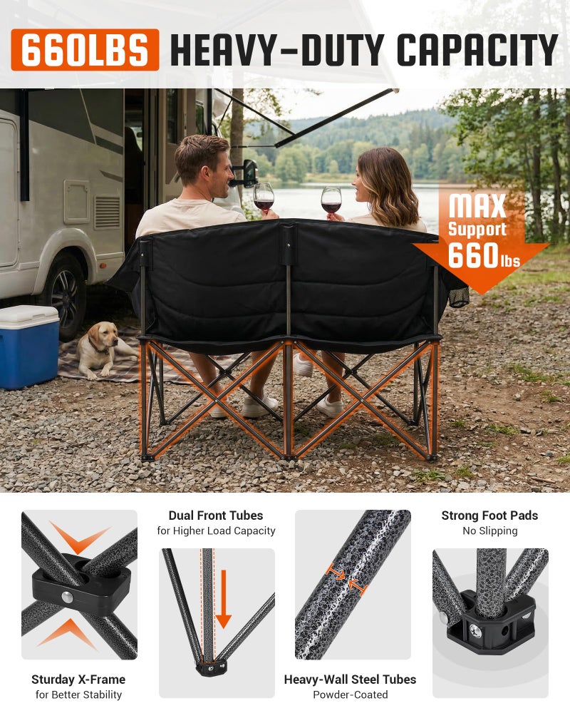 KingCamp Double Camping Chair, Oversized Heavy Duty 660lbs Loveseat for Adults Portable Folding XL 2 Person Couch Padded Comfortable Two Seat with Cup Holder for Outdoor Lawn Backyard, Black - Image 4