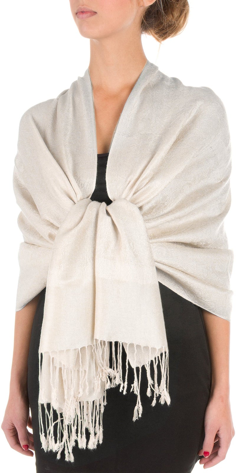 Sakkas Two Tone Vintage Jacquard Paisley Pashmina Shawl Wrap Scarf Stole - Ivory - Image 1
