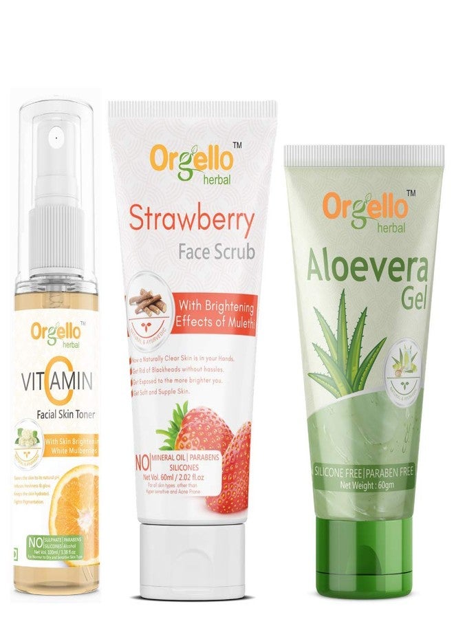 Orgello Herbal Skin Care Combo Of Vitamin C Facial Skin Toner (100 ml) + Aloe Vera Gel Tube (60 gm) + Strawberry Scrub (60g) - Pack Of 3 - for men women girls boys - Image 1