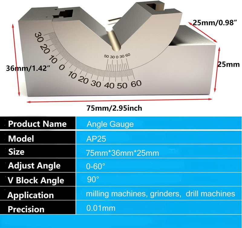 Preamer AP25 Adjustable Micro Angle Gauge High Precision Angle V Block 0-60° for Milling Lathe Machinist Tools - Image 3