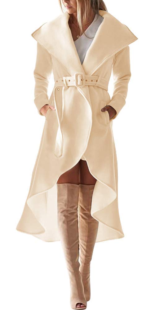SAUKOLE Women's Winter Wool Trench Coat Wrap Large Collar High Low Jacket Outwear with Belt - Image 1