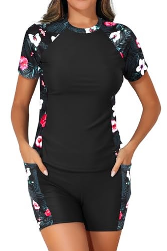 Daci Womens 2 Piece Rash Guard UPF 50 Short Sleeve Swim Shirt with Shorts Swimsuit with Pockets and Builtin Bra Black and Green Leaf Flower M - Image 1