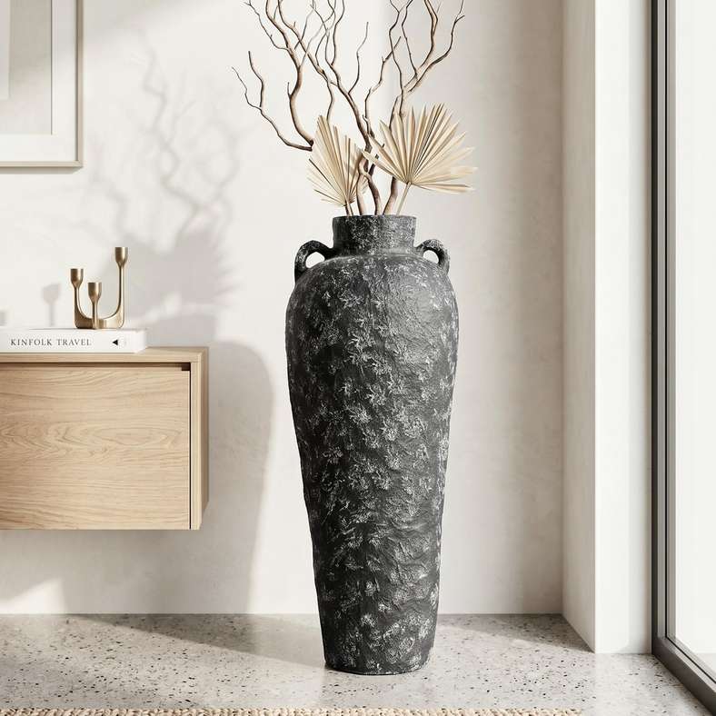 Pan Home Artenia Paper Mache Abstract Textured Handpainted Floor Vase 41x41x120cm - Black - 112MRR9900009 - Image 1