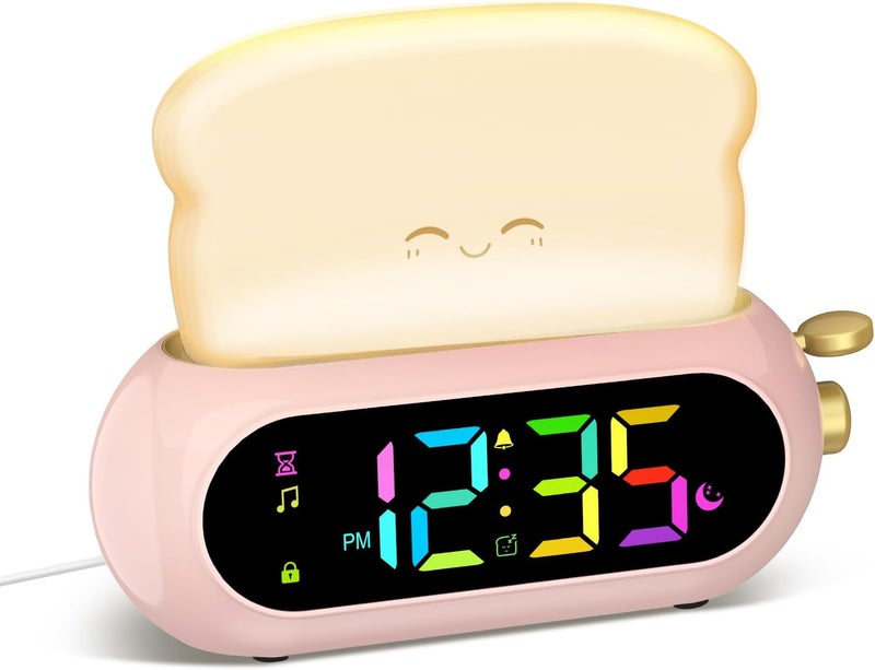 Netzu Alarm Clock for Kids, OK to Wake Clock with Night Light and Sound Machine, Pink Clock with 10 RGB Color, 6 Alarm Tones, Nap Timer, Snooze, Bedside Clocks for Girls Kids Teens Birthday Gifts - Image 1