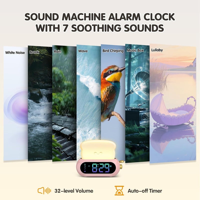 Netzu Alarm Clock for Kids, OK to Wake Clock with Night Light and Sound Machine, Pink Clock with 10 RGB Color, 6 Alarm Tones, Nap Timer, Snooze, Bedside Clocks for Girls Kids Teens Birthday Gifts - Image 4