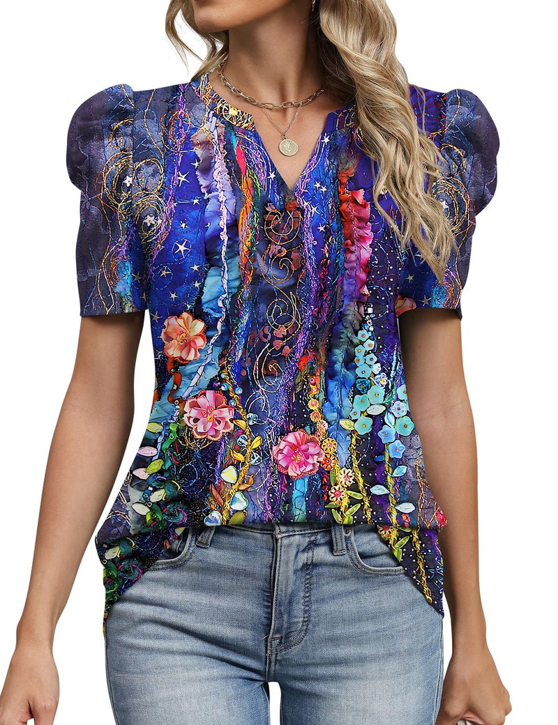LOMON Women's Blouses Cute Summer Tops Casual Shirts for Women Puff Short Sleeve Spring Clothes 2026 Peasant Blouse V Neck Tops S - Image 2