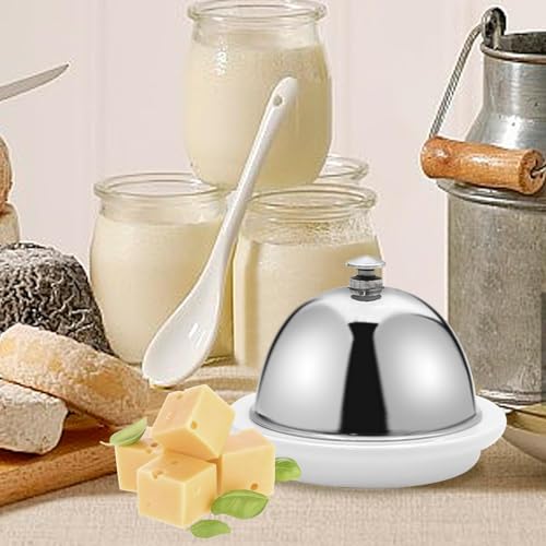 EATAKWARD Ceramic Butter Dish with Stainless Dome Cover, Cheese Dish with Lid, Small Cheese Plate Serving Tray with Silver Handled Lid for Countertop, Dessert, Cupcake, Cream Cake, Appetizer - Image 5