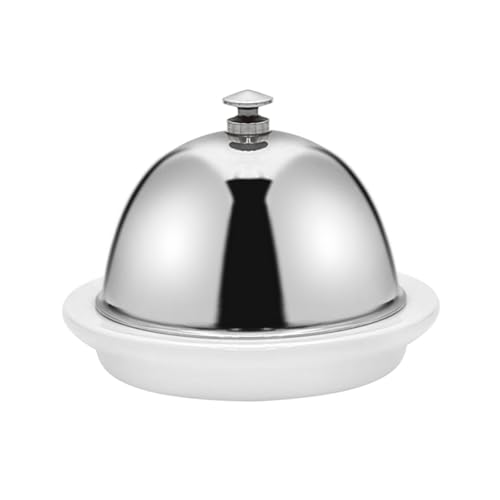 EATAKWARD Ceramic Butter Dish with Stainless Dome Cover, Cheese Dish with Lid, Small Cheese Plate Serving Tray with Silver Handled Lid for Countertop, Dessert, Cupcake, Cream Cake, Appetizer - Image 2