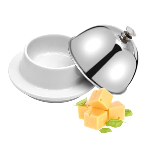 EATAKWARD Ceramic Butter Dish with Stainless Dome Cover, Cheese Dish with Lid, Small Cheese Plate Serving Tray with Silver Handled Lid for Countertop, Dessert, Cupcake, Cream Cake, Appetizer - Image 1