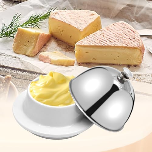 EATAKWARD Ceramic Butter Dish with Stainless Dome Cover, Cheese Dish with Lid, Small Cheese Plate Serving Tray with Silver Handled Lid for Countertop, Dessert, Cupcake, Cream Cake, Appetizer - Image 4
