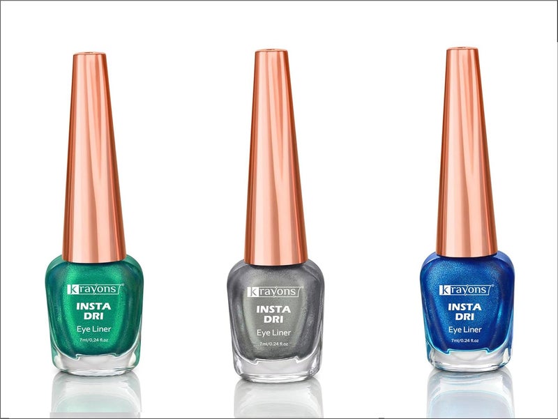 Krayons Insta Dri Sparkling Eyeliner Green Blue Silver Waterproof Longlasting 7ml Each Combo Pack of 3 - Image 1
