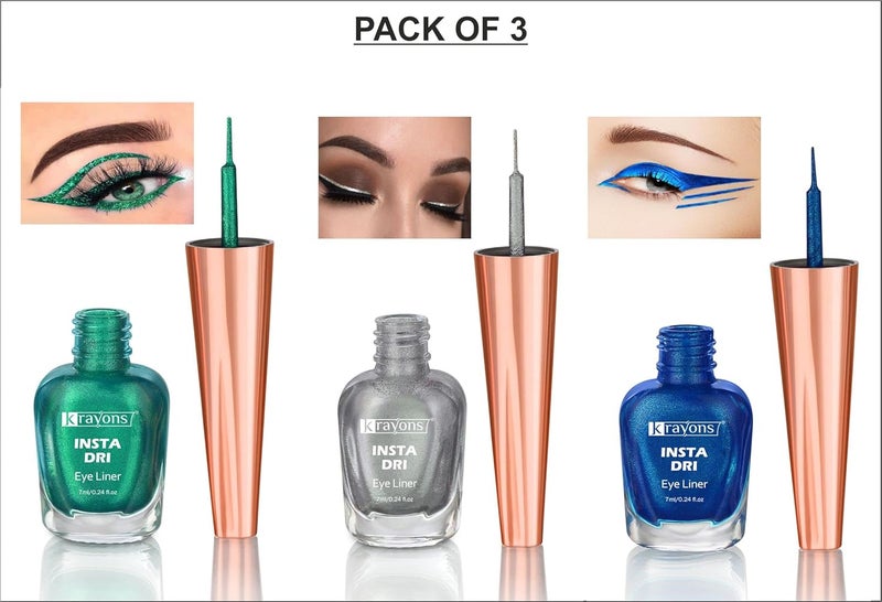 Krayons Insta Dri Sparkling Eyeliner Green Blue Silver Waterproof Longlasting 7ml Each Combo Pack of 3 - Image 2