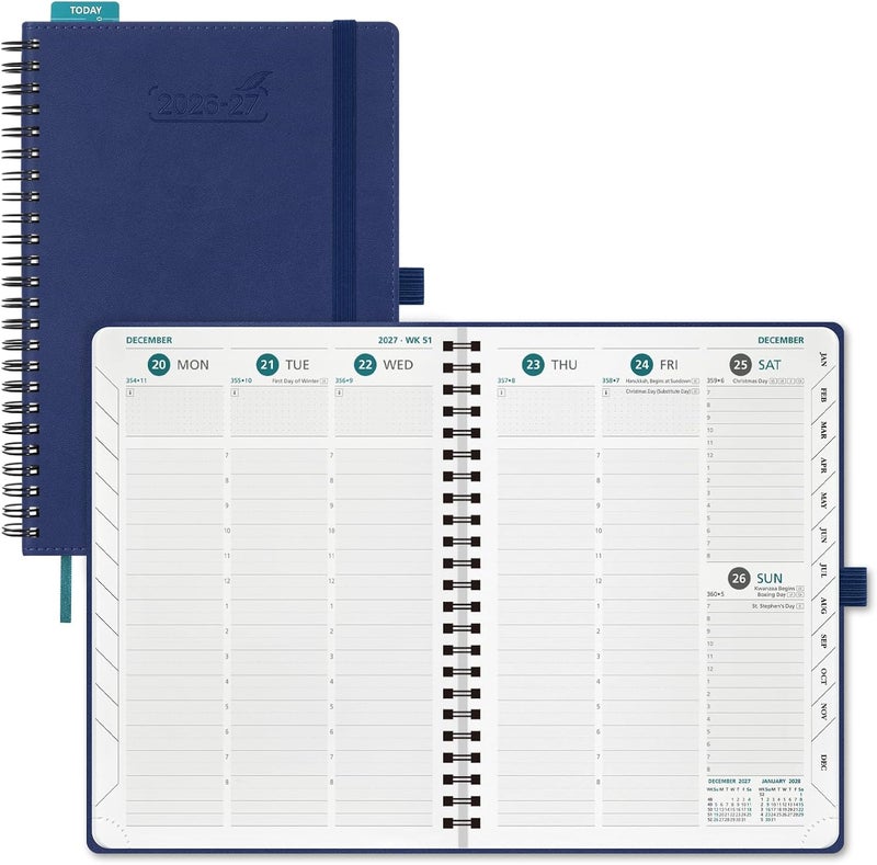 BEZEND Planner 2026-2027 Weekly and Monthly (8.5" x 11" Spiral) Academic Year Daily Calendar with Tabs (Jul 26-Dec 27) Hourly Timeslots, Thick Paper, Storage Pocket, Leather Softcover - Blueberry - Image 1