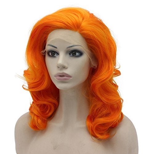 MX angel Medium Long Wavy Heat Friendly Fiber Stylish Orange Lace front Costume Wig - Image 3